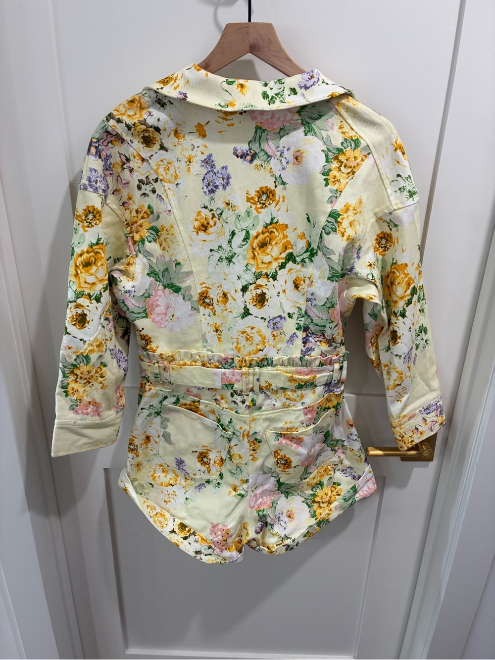 For Love & Lemons Chamomile Denim Romper Buttercreme Floral Size Medium - Picture 4 of 9